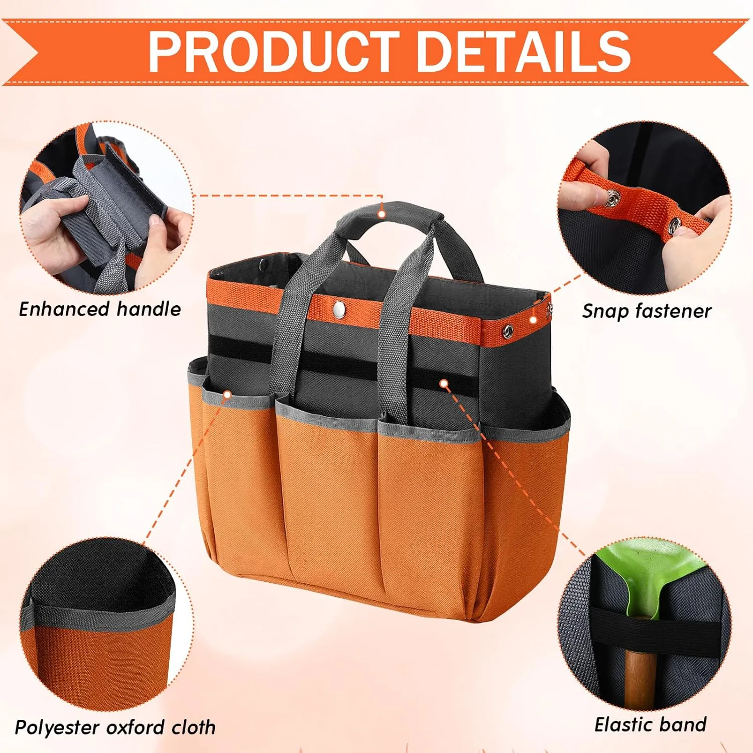 Abbylike Garden Tool Bag Garden Storage Bags with 8 Pockets Storage Organizer with Handle Oxford Cloth Tool Holder for Pottery Gardener Electrician Contractor Repairman 12" x 12" x 6"(Orange)