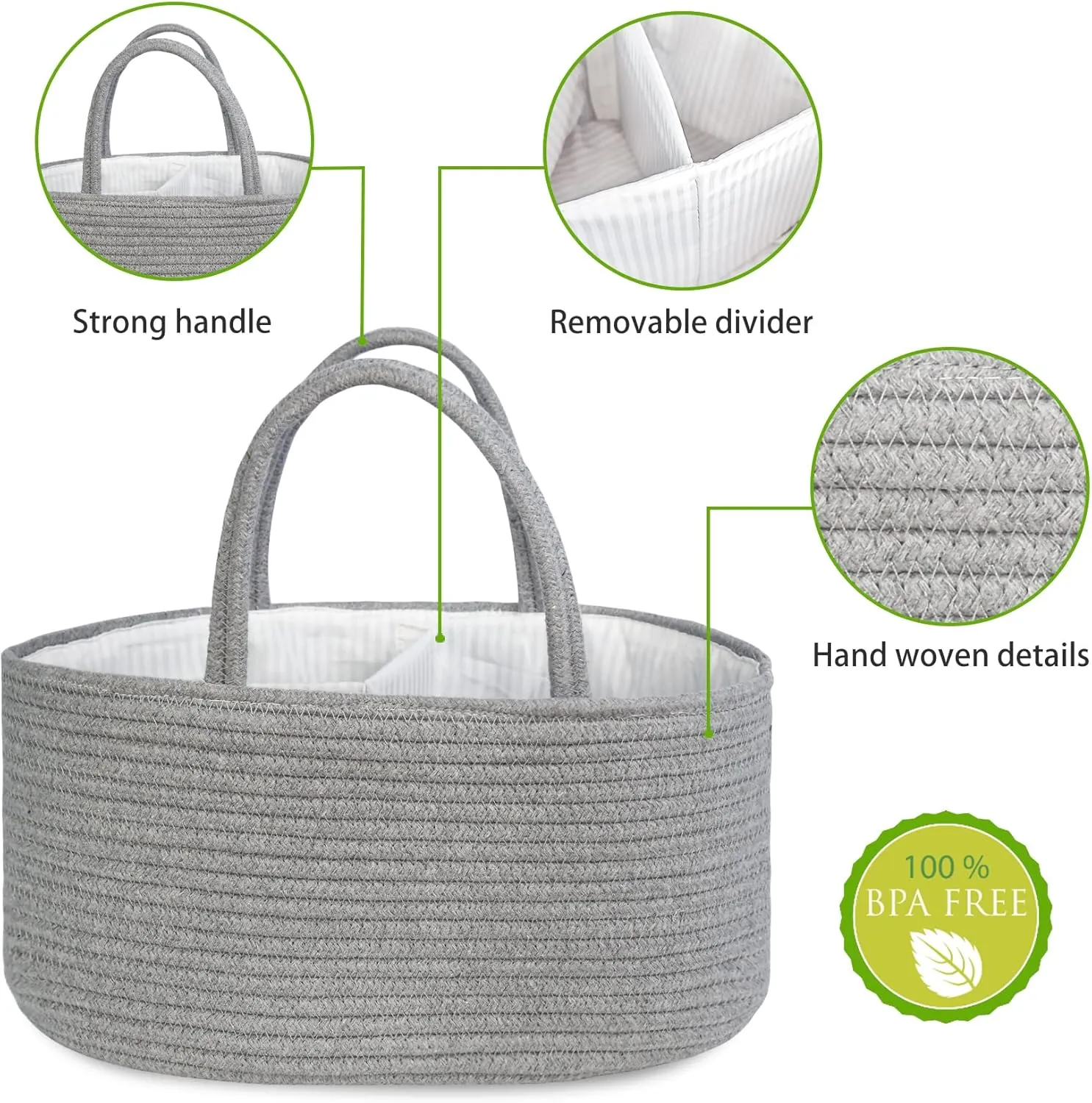 ABenkle Diaper Caddy Organizer, Rustic Boho Cotton Rope Nursery Baby Basket, Changing Table Organizer for Baby Diaper Storage, Neutral Grey
