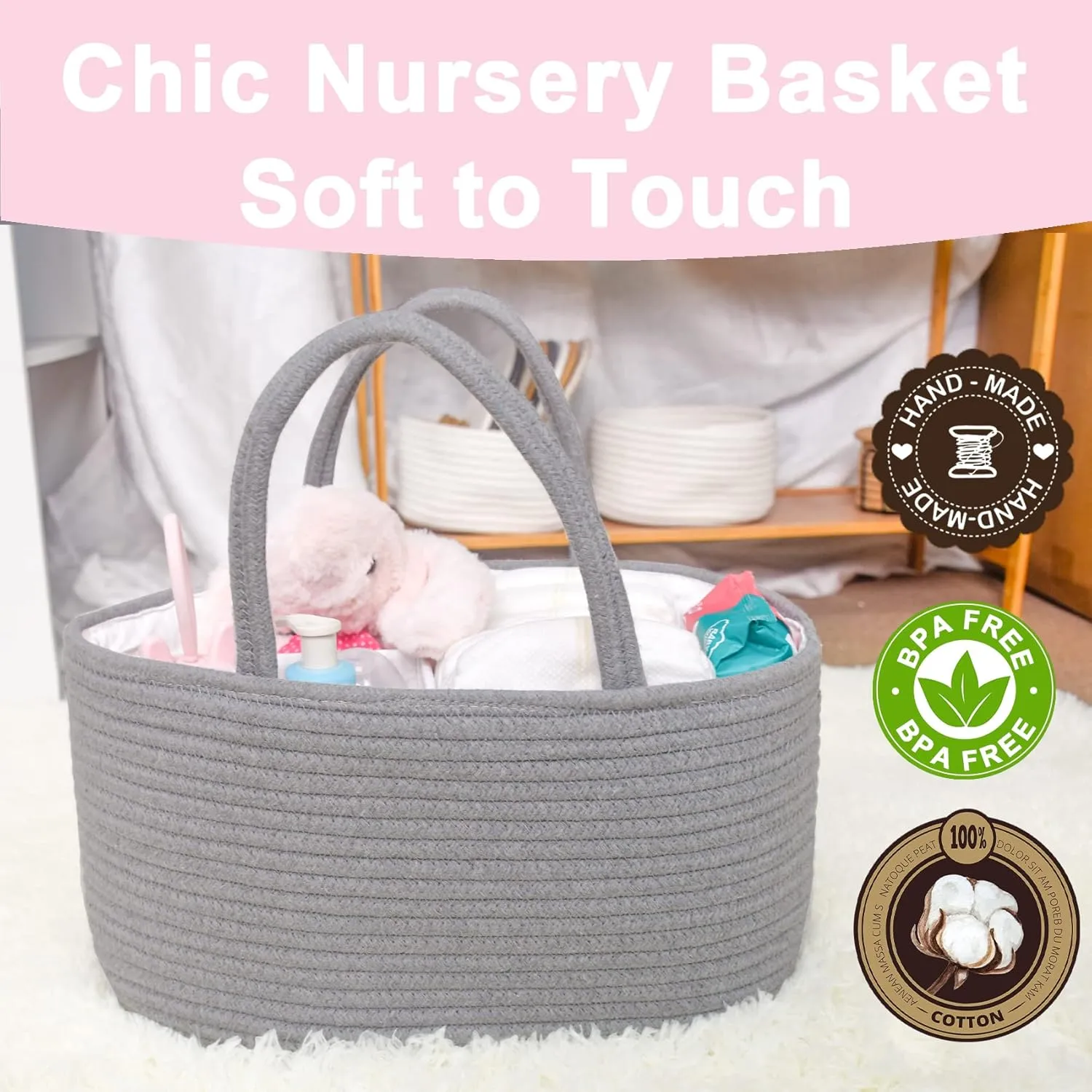 ABenkle Diaper Caddy Organizer, Rustic Boho Cotton Rope Nursery Baby Basket, Changing Table Organizer for Baby Diaper Storage, Neutral Grey