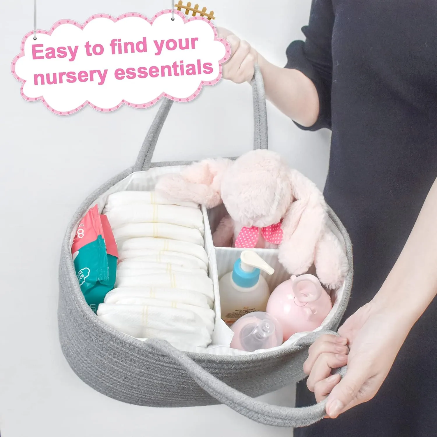 ABenkle Diaper Caddy Organizer, Rustic Boho Cotton Rope Nursery Baby Basket, Changing Table Organizer for Baby Diaper Storage, Neutral Grey