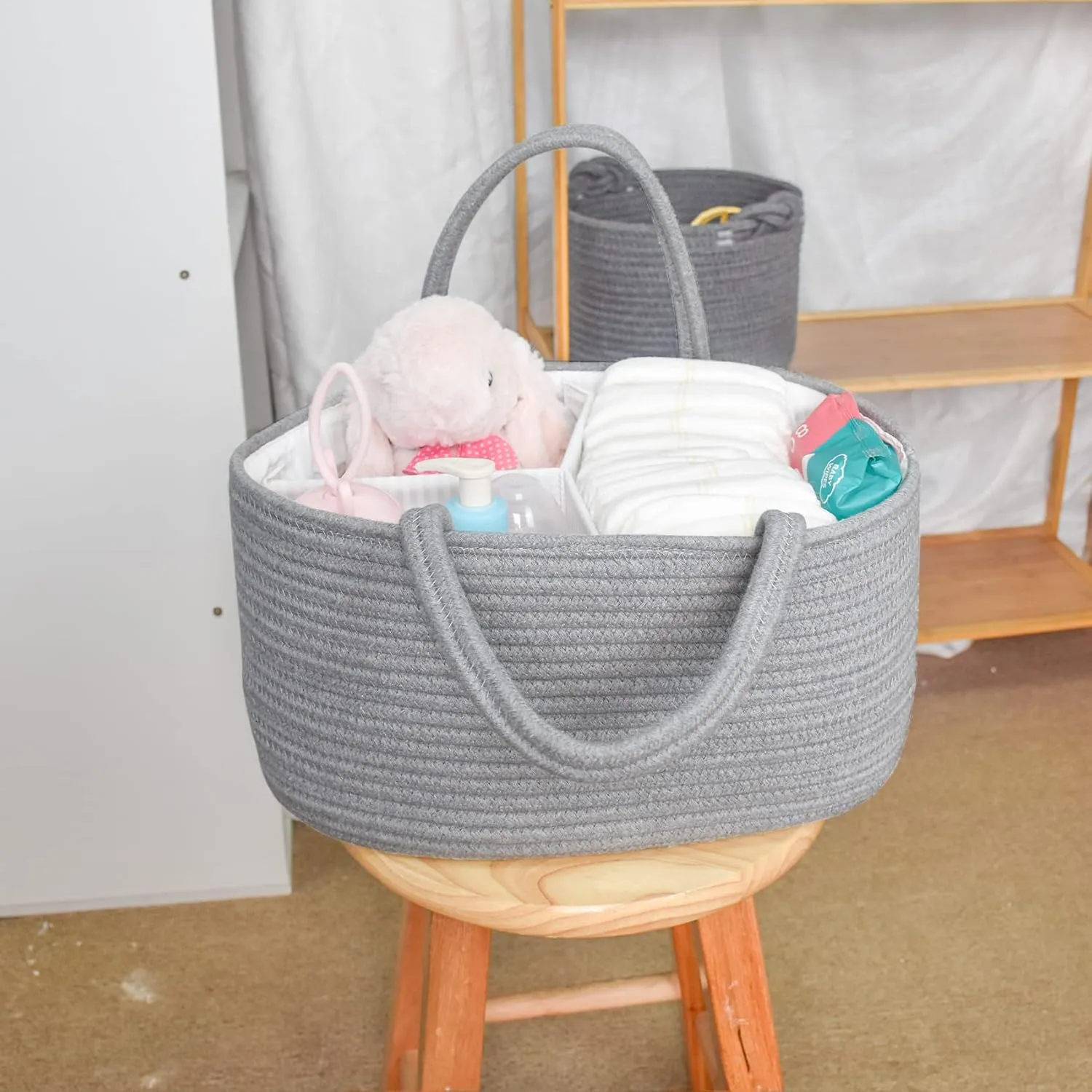 ABenkle Diaper Caddy Organizer, Rustic Boho Cotton Rope Nursery Baby Basket, Changing Table Organizer for Baby Diaper Storage, Neutral Grey