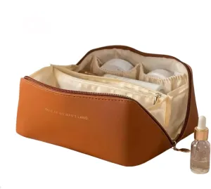 abigail&bleu Travel Makeup Bag, Large Capacity Cosmetic Bag for Women, Waterproof Portable Pouch with Divider and Handle, 9.25 x 4.53 x 4.92 inches (Brown)