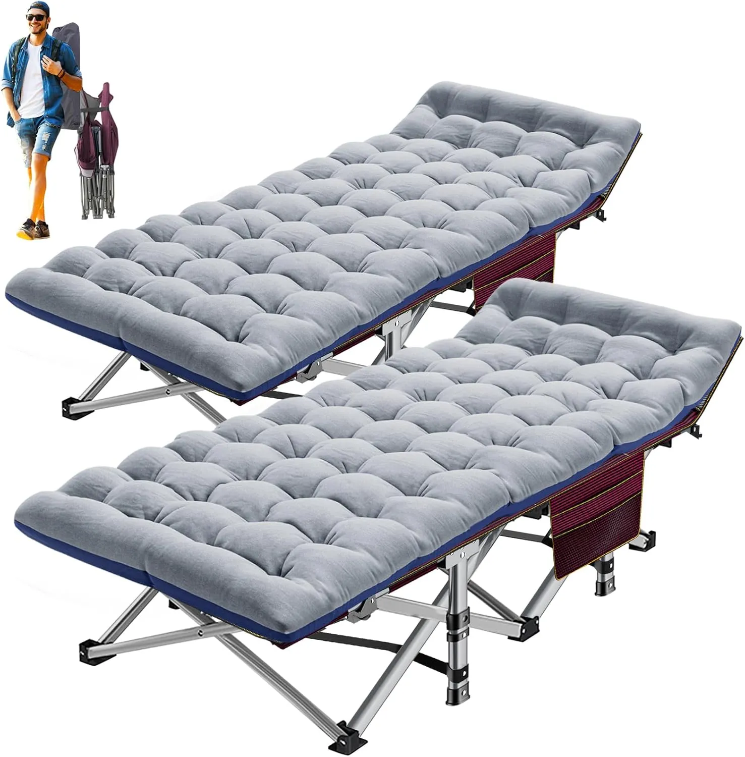 ABORON 2PK Folding Camping Cot for Adults, Double Layer 1200D, 500lb Capacity, Heavy Duty Guest Cot with Mat & Carrying Bag for Indoor & Outdoor Use