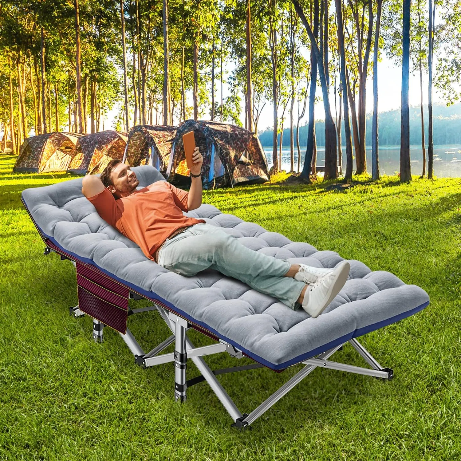 ABORON 2PK Folding Camping Cot for Adults, Double Layer 1200D, 500lb Capacity, Heavy Duty Guest Cot with Mat & Carrying Bag for Indoor & Outdoor Use