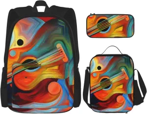 Abstract Music And Rhythm 3 Pices Backpack Set For Travel Women Men Business Work Bag With Lunch Bag Pencil Case Set Travel Camping Work 3 In 1 Daypack