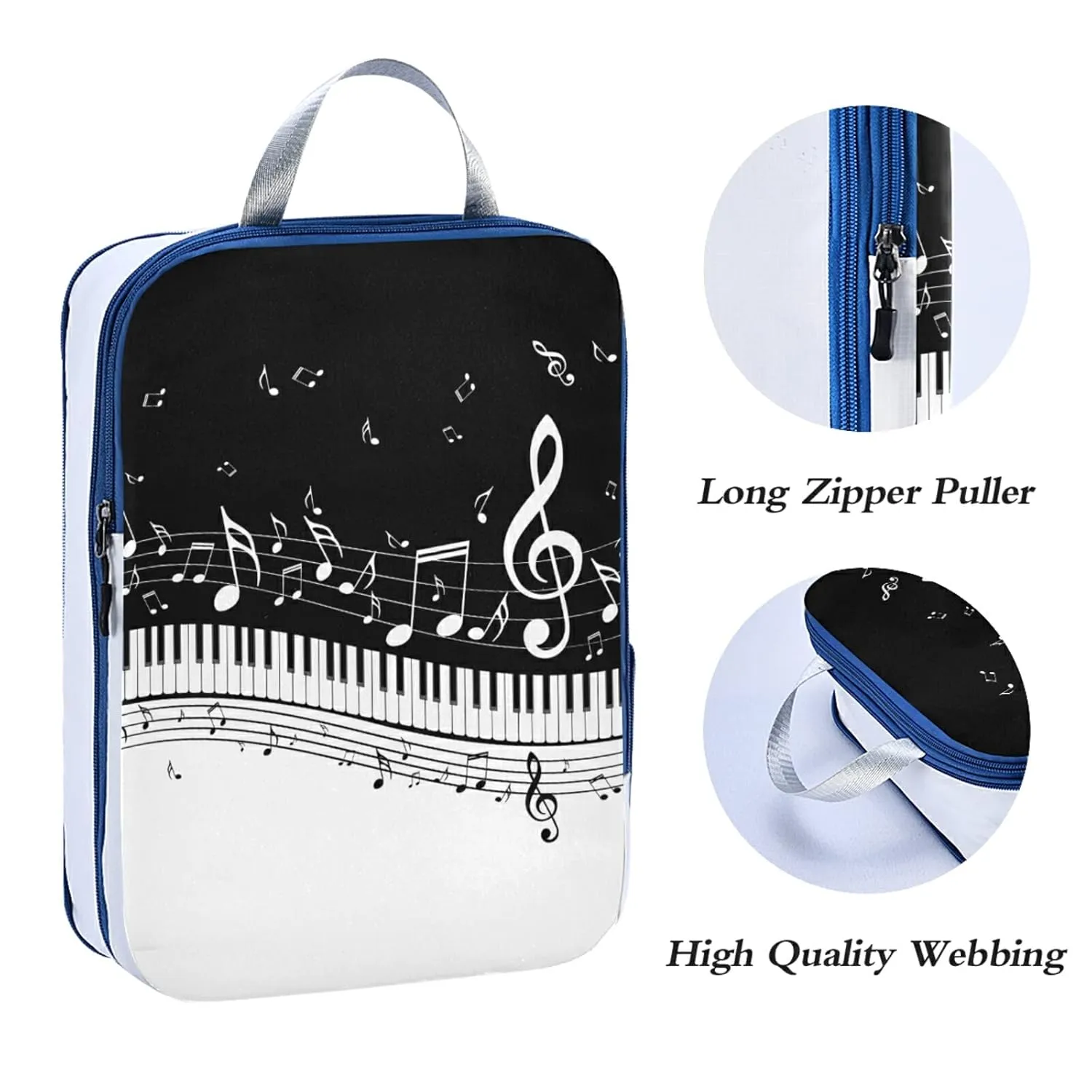 Abstract Piano Keys and Musical Notes in Black White Pattern 3 Piece set Cubes Expandable Adjustable Luggage Packing Bags, Ultralight Organizer Accessories Travel Suitcase Compressible Bags