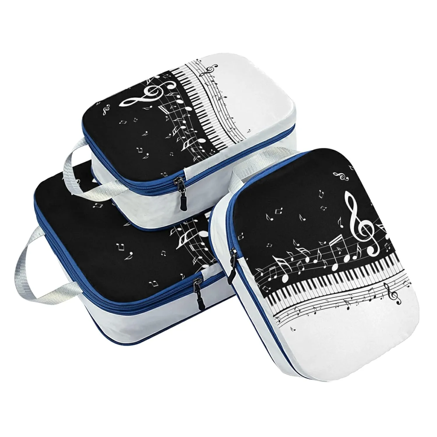 Abstract Piano Keys and Musical Notes in Black White Pattern 3 Piece set Cubes Expandable Adjustable Luggage Packing Bags, Ultralight Organizer Accessories Travel Suitcase Compressible Bags