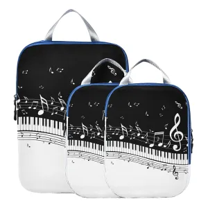 Abstract Piano Keys and Musical Notes in Black White Pattern 3 Piece set Cubes Expandable Adjustable Luggage Packing Bags, Ultralight Organizer Accessories Travel Suitcase Compressible Bags