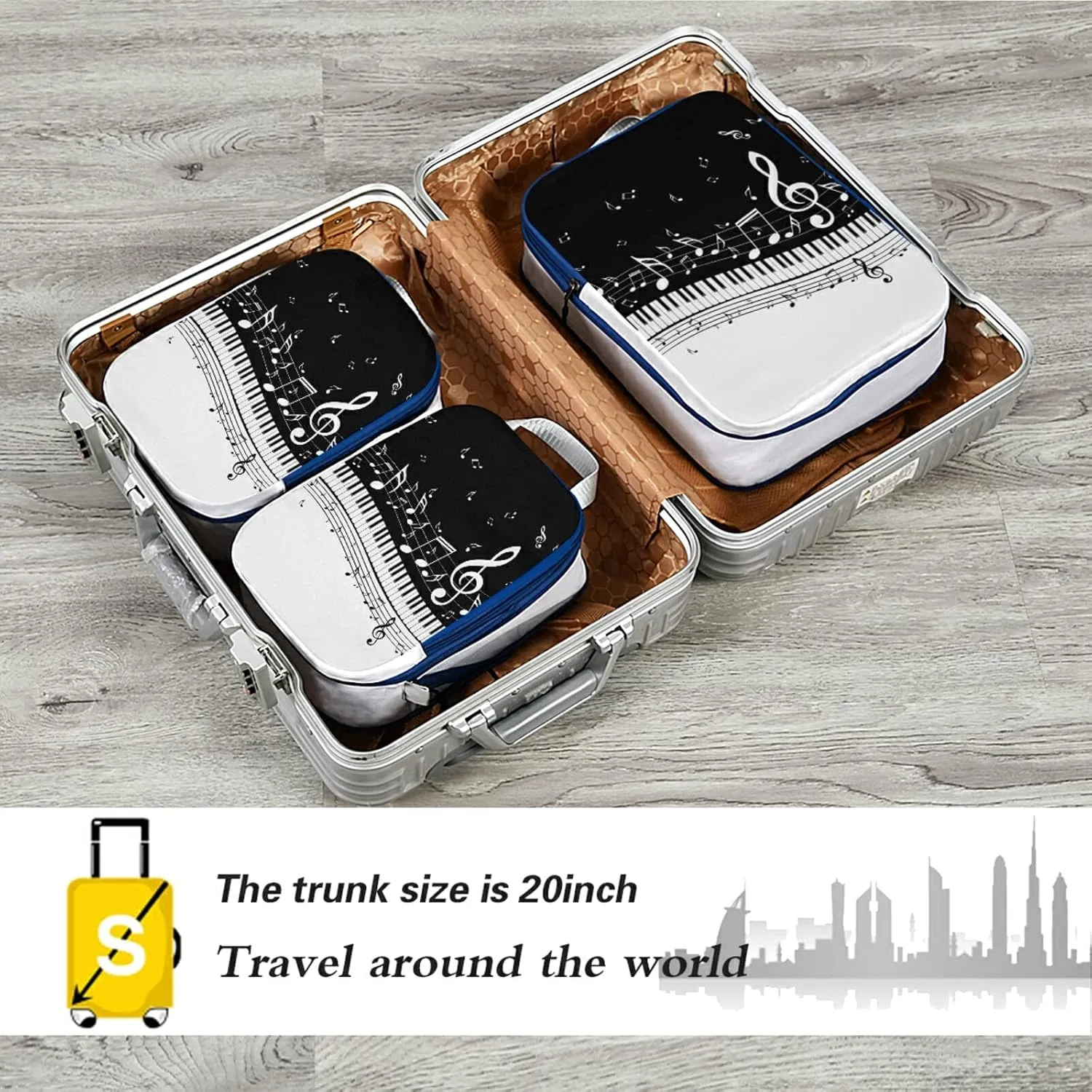 Abstract Piano Keys and Musical Notes in Black White Pattern 3 Piece set Cubes Expandable Adjustable Luggage Packing Bags, Ultralight Organizer Accessories Travel Suitcase Compressible Bags