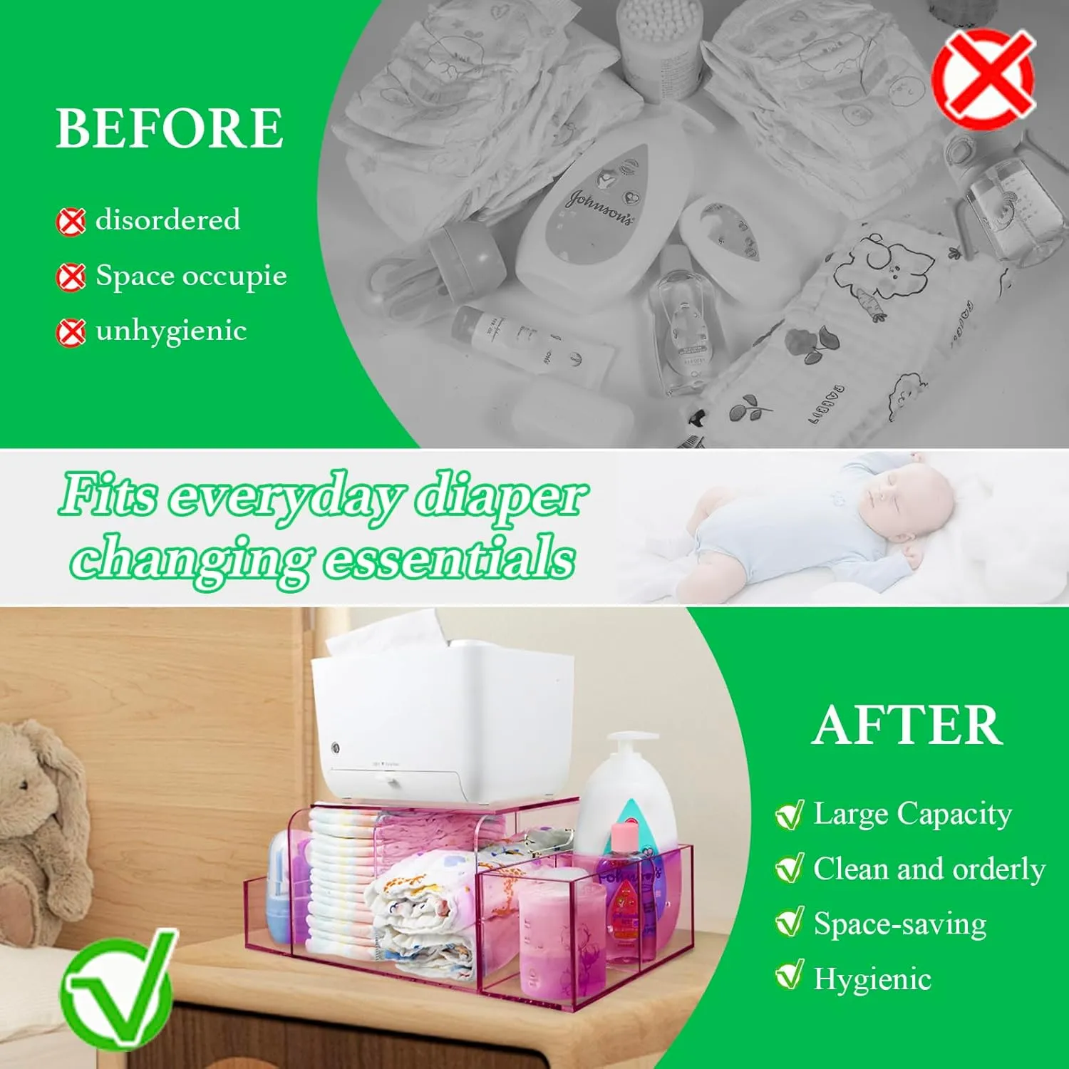 Acrylic Diaper Caddy, Baby Wipes Organizer for Changing Table, Dresser Top Tabletop Organizer with 4 Detachable Compartments, Anti-slip Rubber Feet, Newborn Baby Essentials, Red