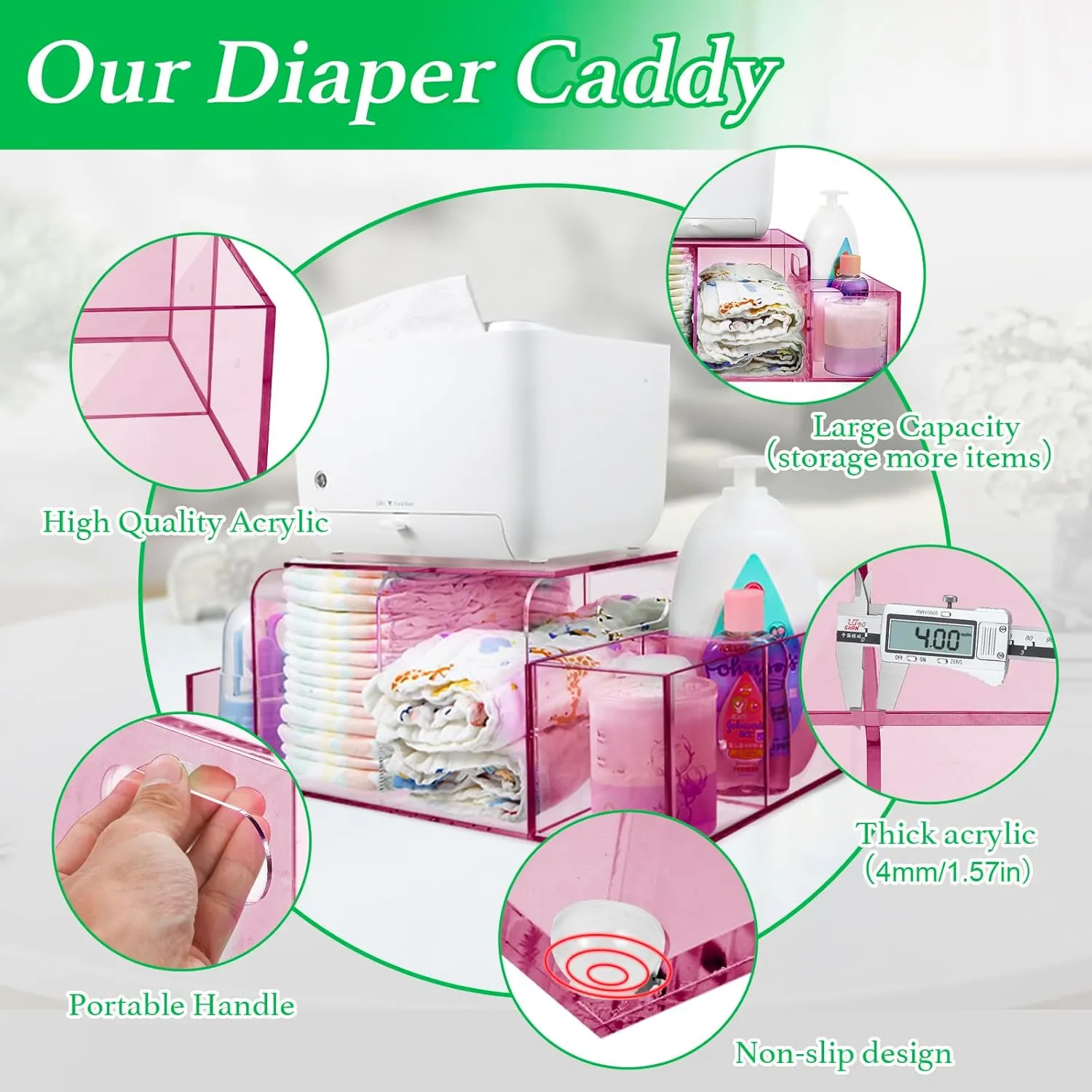 Acrylic Diaper Caddy, Baby Wipes Organizer for Changing Table, Dresser Top Tabletop Organizer with 4 Detachable Compartments, Anti-slip Rubber Feet, Newborn Baby Essentials, Red