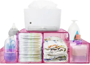 Acrylic Diaper Caddy, Baby Wipes Organizer for Changing Table, Dresser Top Tabletop Organizer with 4 Detachable Compartments, Anti-slip Rubber Feet, Newborn Baby Essentials, Red
