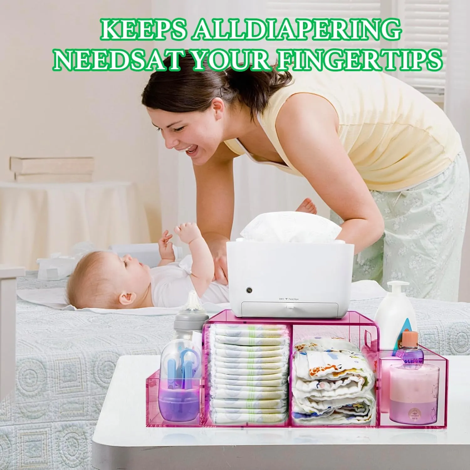 Acrylic Diaper Caddy, Baby Wipes Organizer for Changing Table, Dresser Top Tabletop Organizer with 4 Detachable Compartments, Anti-slip Rubber Feet, Newborn Baby Essentials, Red