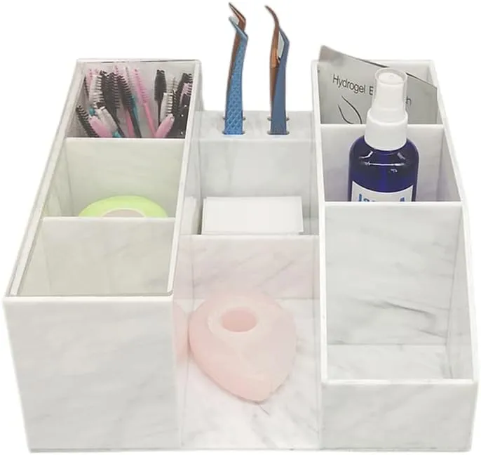 Acrylic Large Capacity Makeup Organizer, Grafting Beauty Extension Supplies Lash Storage Display, Eyelash Storage Case Brush Tweezers Cosmetic Holder (White Marble)