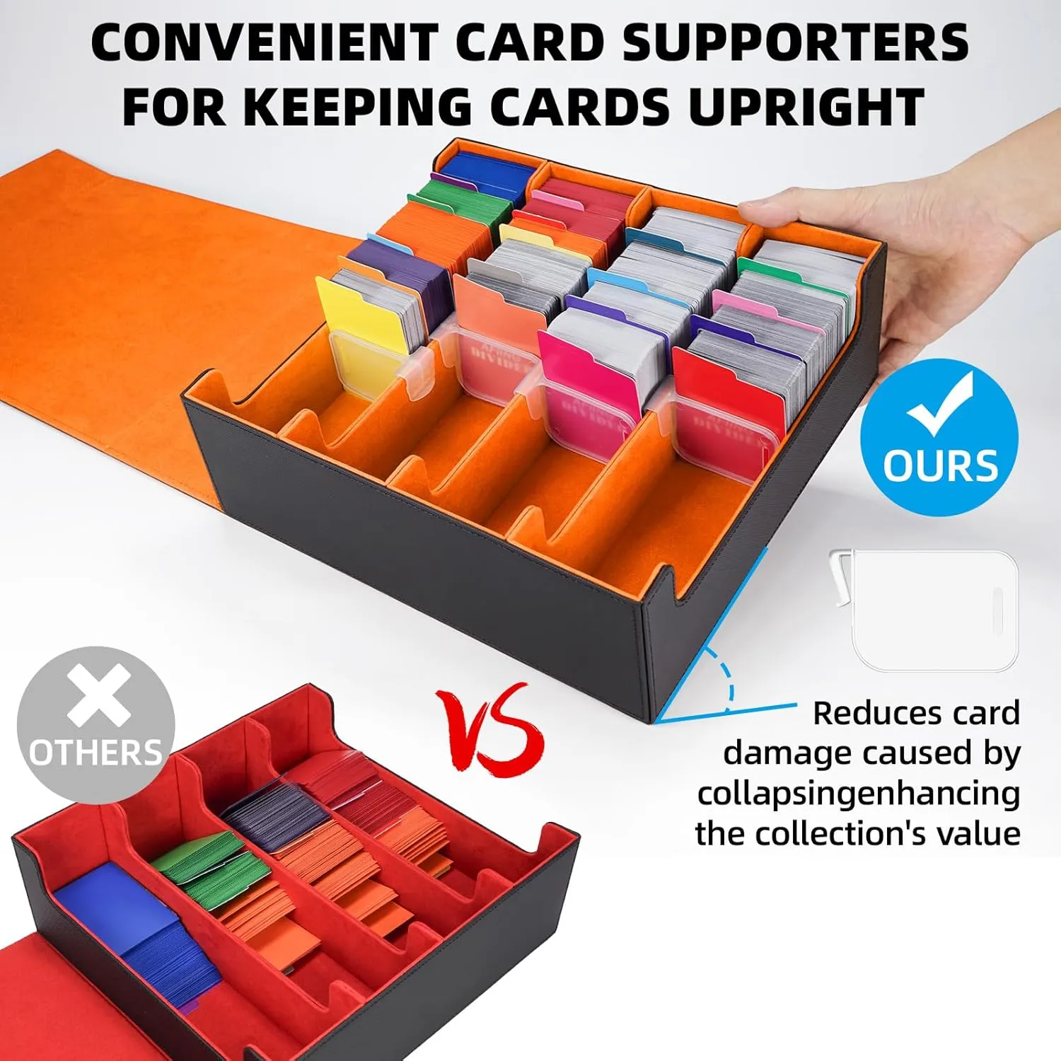 AFIING 4-Row Trading Card Storage Box – Holds 3200  Cards, 48 Dividers & 4 Stoppers, Card Deck Box for MTG TCG Sports Cards – Includes 1 Dice Bag(Black Orange)