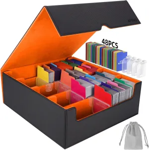 AFIING 4-Row Trading Card Storage Box – Holds 3200  Cards, 48 Dividers & 4 Stoppers, Card Deck Box for MTG TCG Sports Cards – Includes 1 Dice Bag(Black Orange)