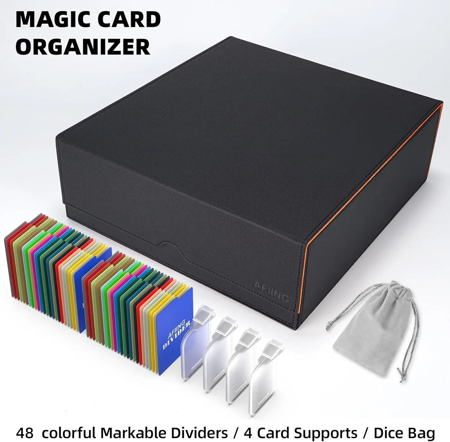 AFIING 4-Row Trading Card Storage Box – Holds 3200  Cards, 48 Dividers & 4 Stoppers, Card Deck Box for MTG TCG Sports Cards – Includes 1 Dice Bag(Black Orange)