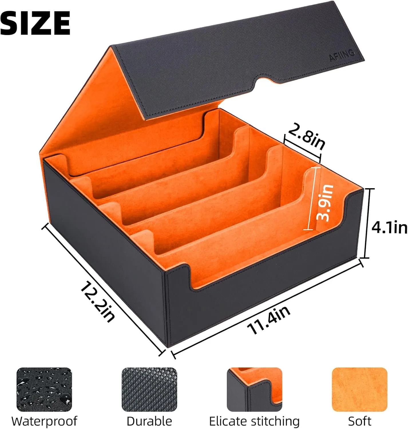 AFIING 4-Row Trading Card Storage Box – Holds 3200  Cards, 48 Dividers & 4 Stoppers, Card Deck Box for MTG TCG Sports Cards – Includes 1 Dice Bag(Black Orange)