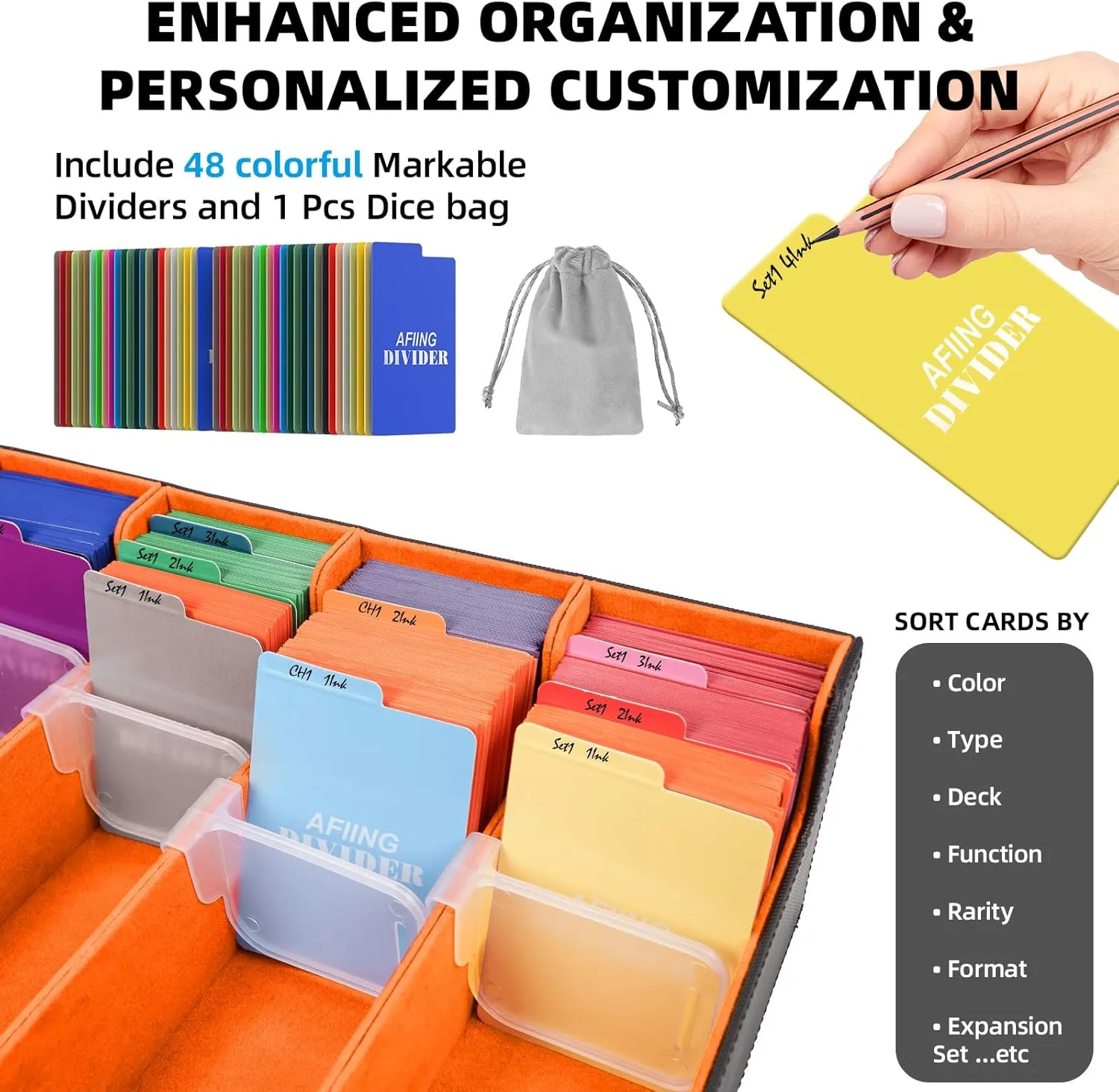 AFIING 4-Row Trading Card Storage Box – Holds 3200  Cards, 48 Dividers & 4 Stoppers, Card Deck Box for MTG TCG Sports Cards – Includes 1 Dice Bag(Black Orange)