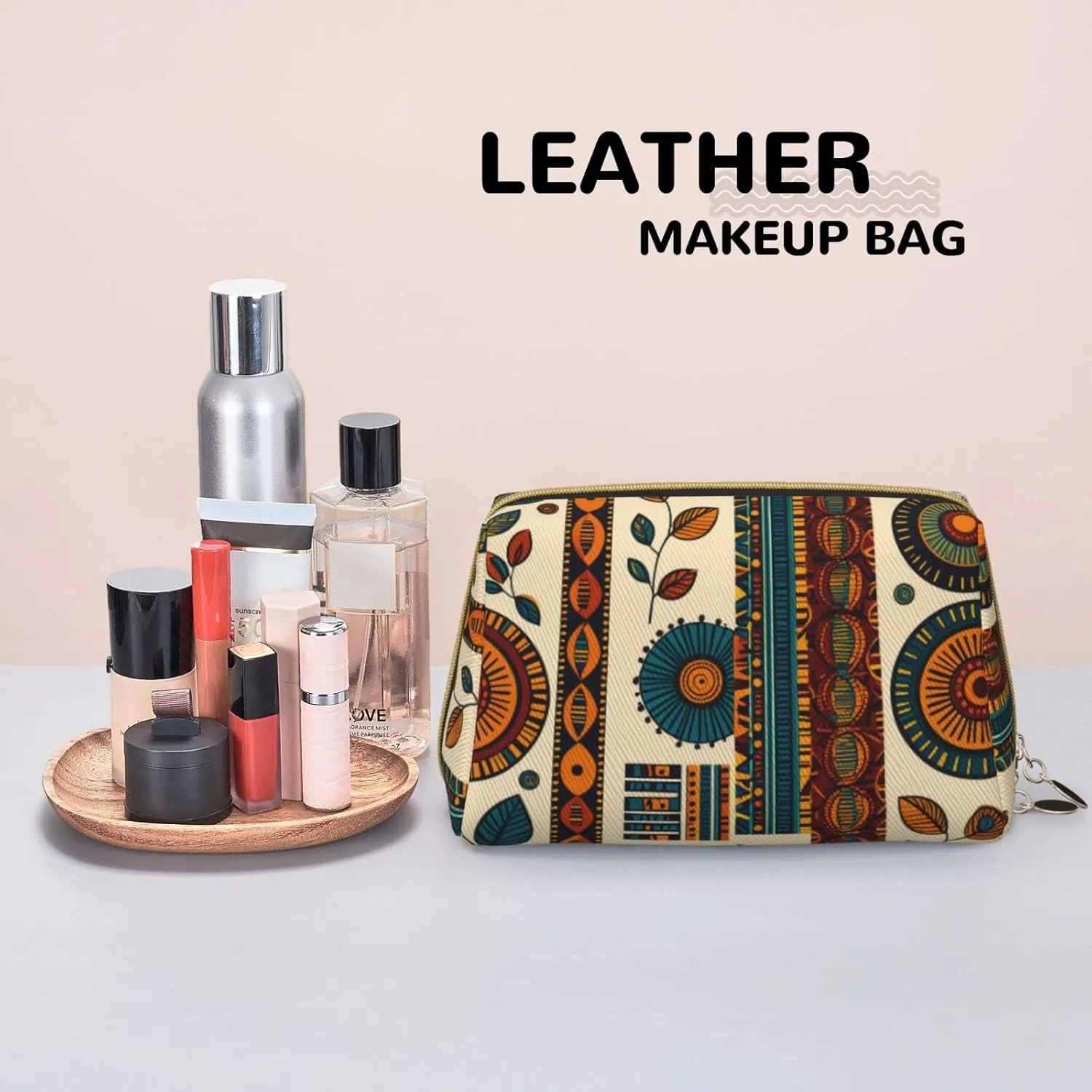 African Ethnic Pattern Printed Small Makeup Bag,Travel Cosmetic Bag Purse with Zipper,Water-resistant Makeup Organizer Bag for Women