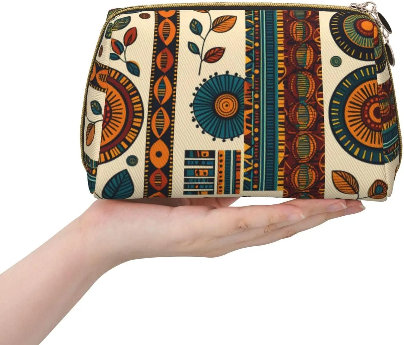 African Ethnic Pattern Printed Small Makeup Bag,Travel Cosmetic Bag Purse with Zipper,Water-resistant Makeup Organizer Bag for Women