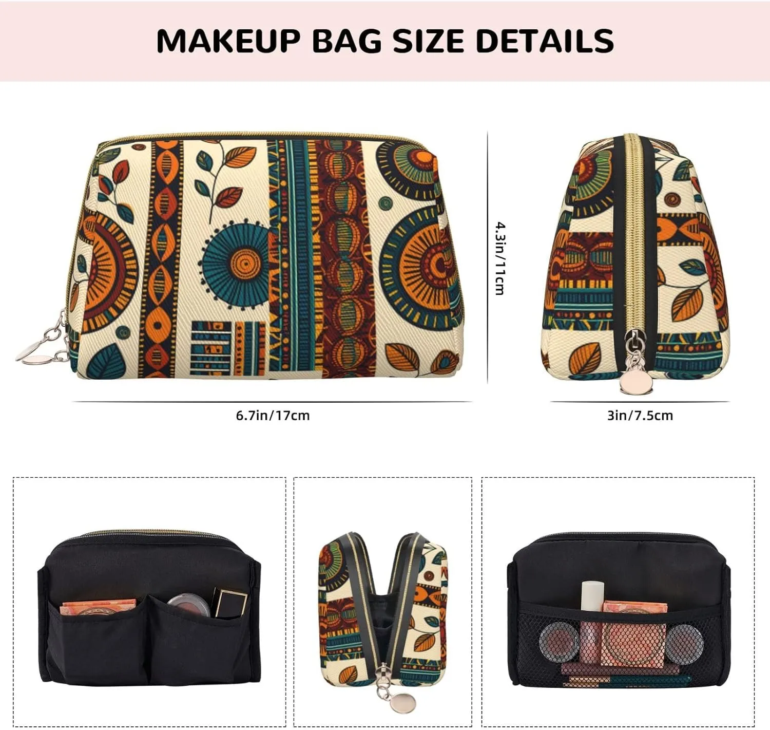 African Ethnic Pattern Printed Small Makeup Bag,Travel Cosmetic Bag Purse with Zipper,Water-resistant Makeup Organizer Bag for Women