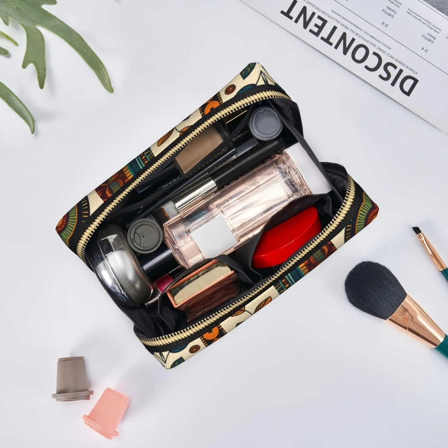 African Ethnic Pattern Printed Small Makeup Bag,Travel Cosmetic Bag Purse with Zipper,Water-resistant Makeup Organizer Bag for Women