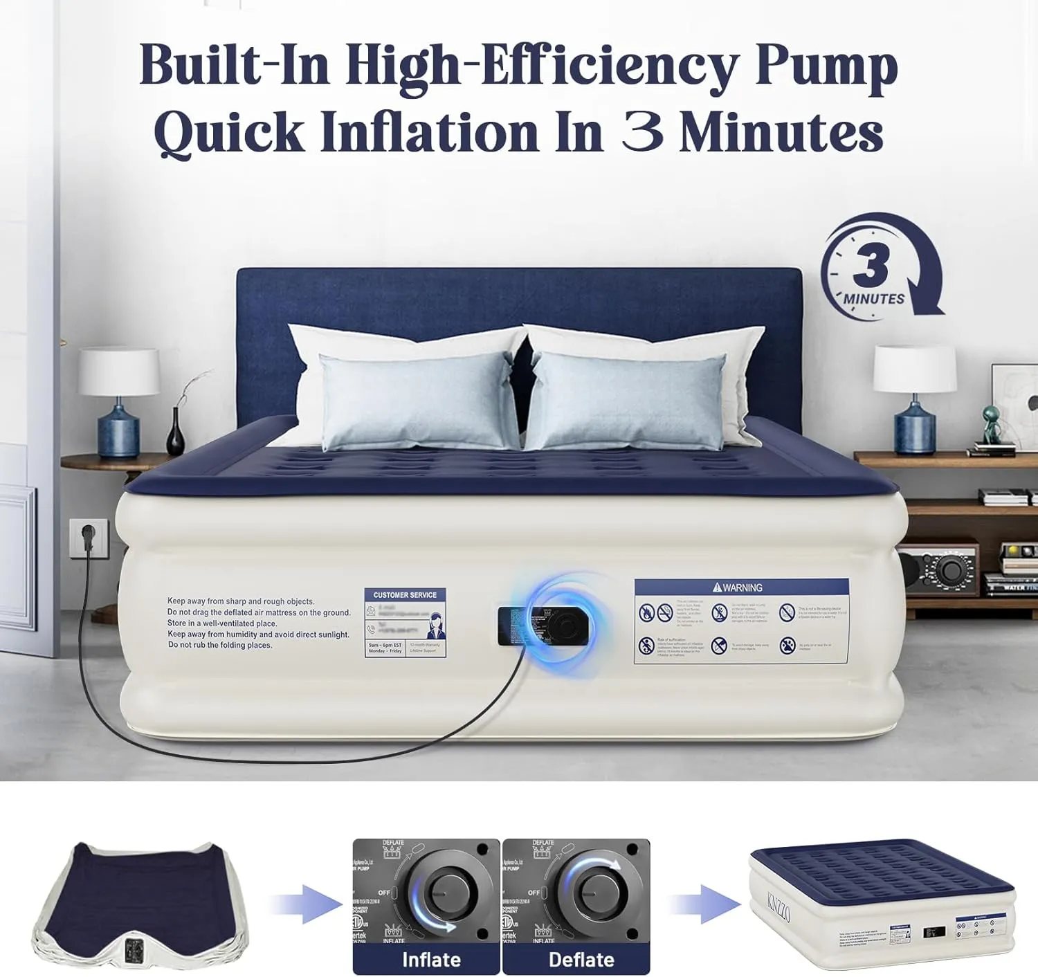 Air Mattress Queen with Built-in Pump, Blow Up Mattress with Soft Flocked Top, Leakproof Inflatable Mattress, Foldable Waterproof Air Bed for Home, Guests, Camping, with Storage Bag
