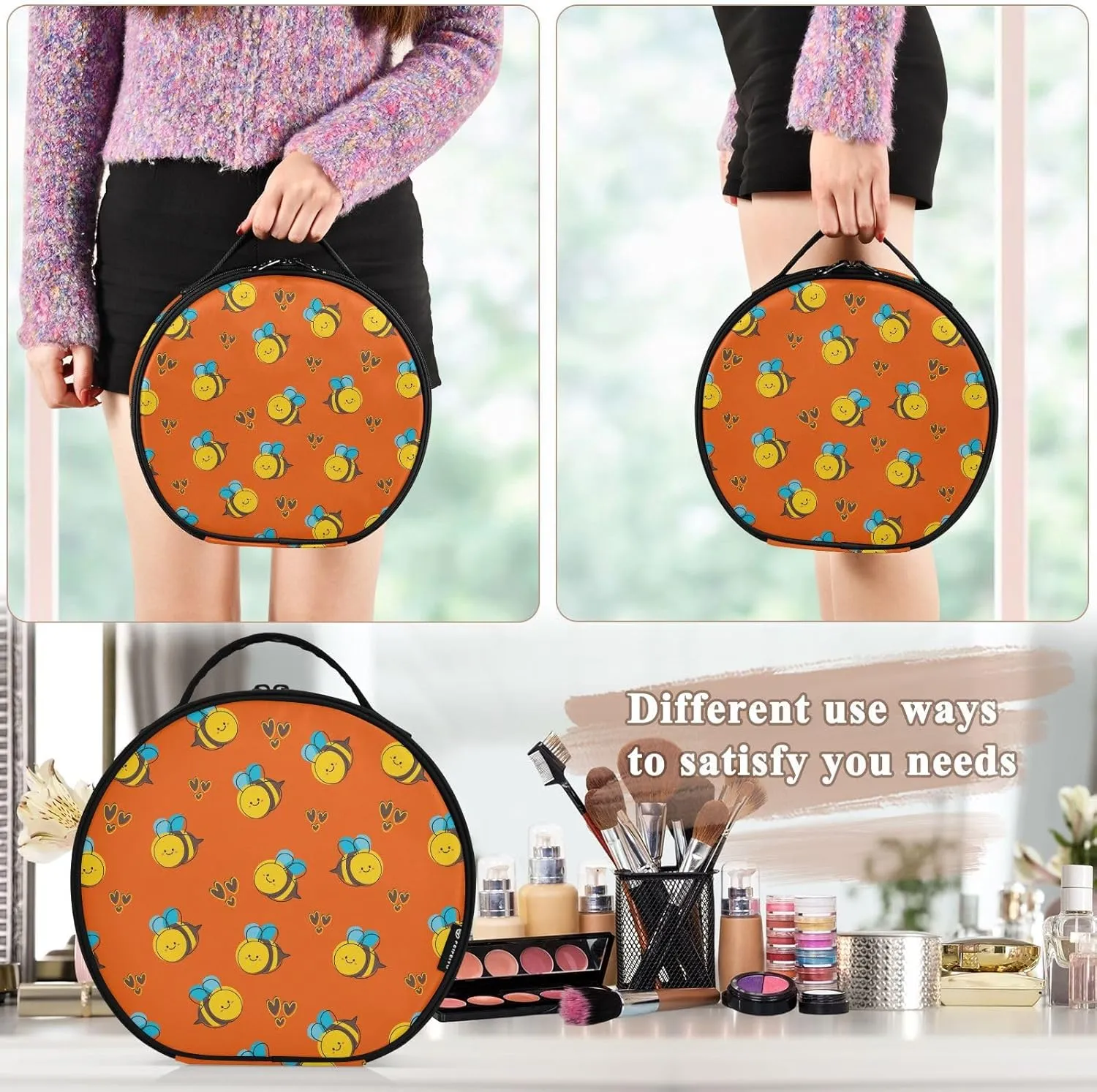ALAZA Cute Cartoon Bee Portable Cosmetic Bag Large Capacity Travel Makeup Case Organizer