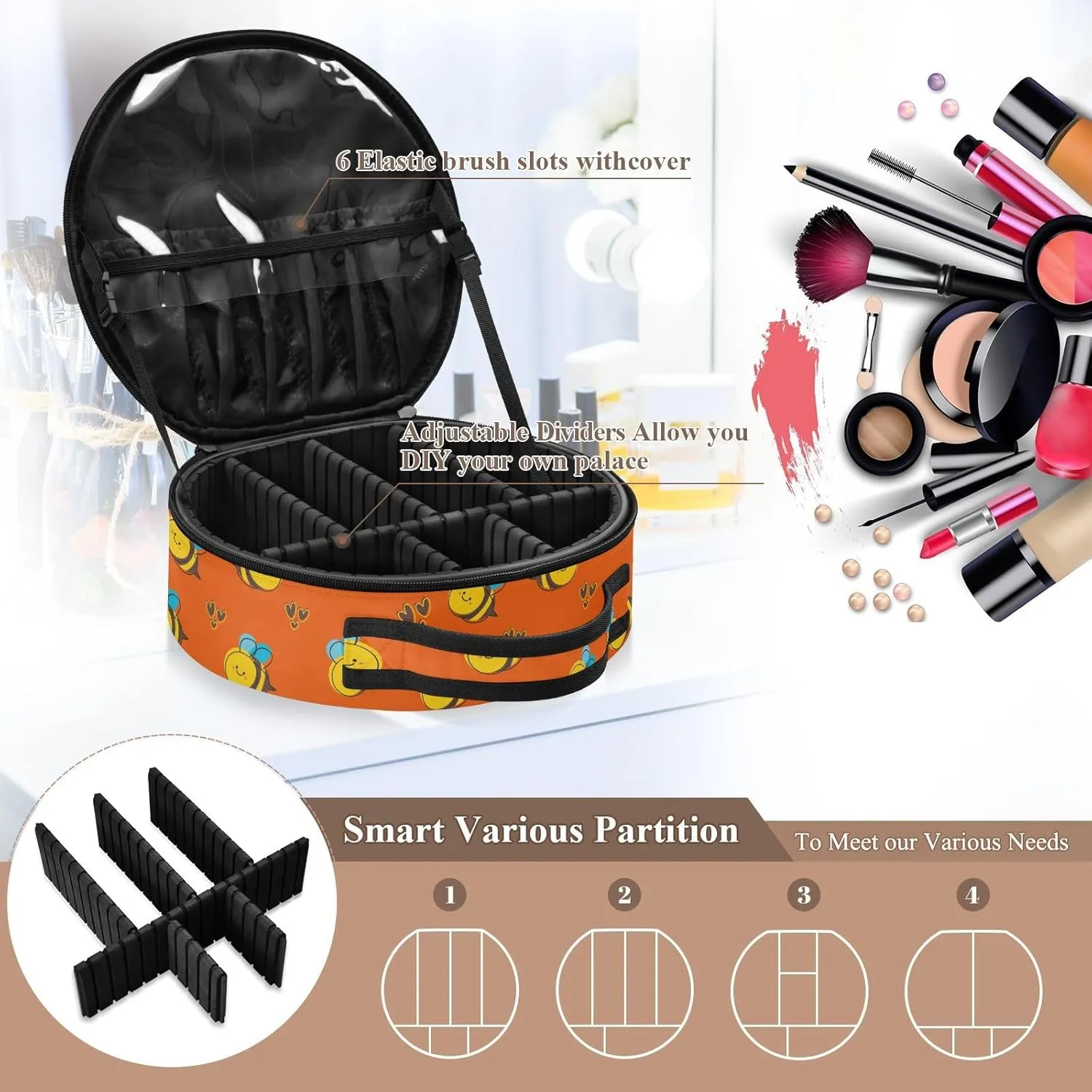 ALAZA Cute Cartoon Bee Portable Cosmetic Bag Large Capacity Travel Makeup Case Organizer