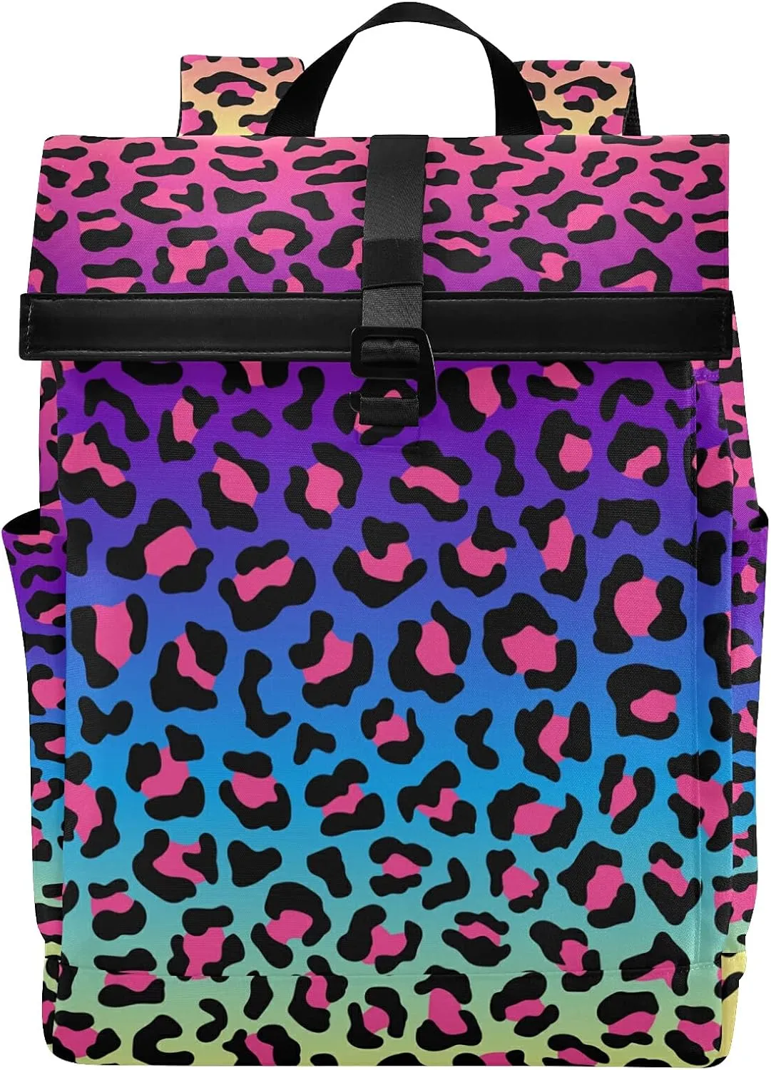 ALAZA Neon Rainbow Leopard Cheetah Large Laptop Backpack Purse for Women Men Waterproof Anti Theft Roll Top Backpack, 13-17.3 inch