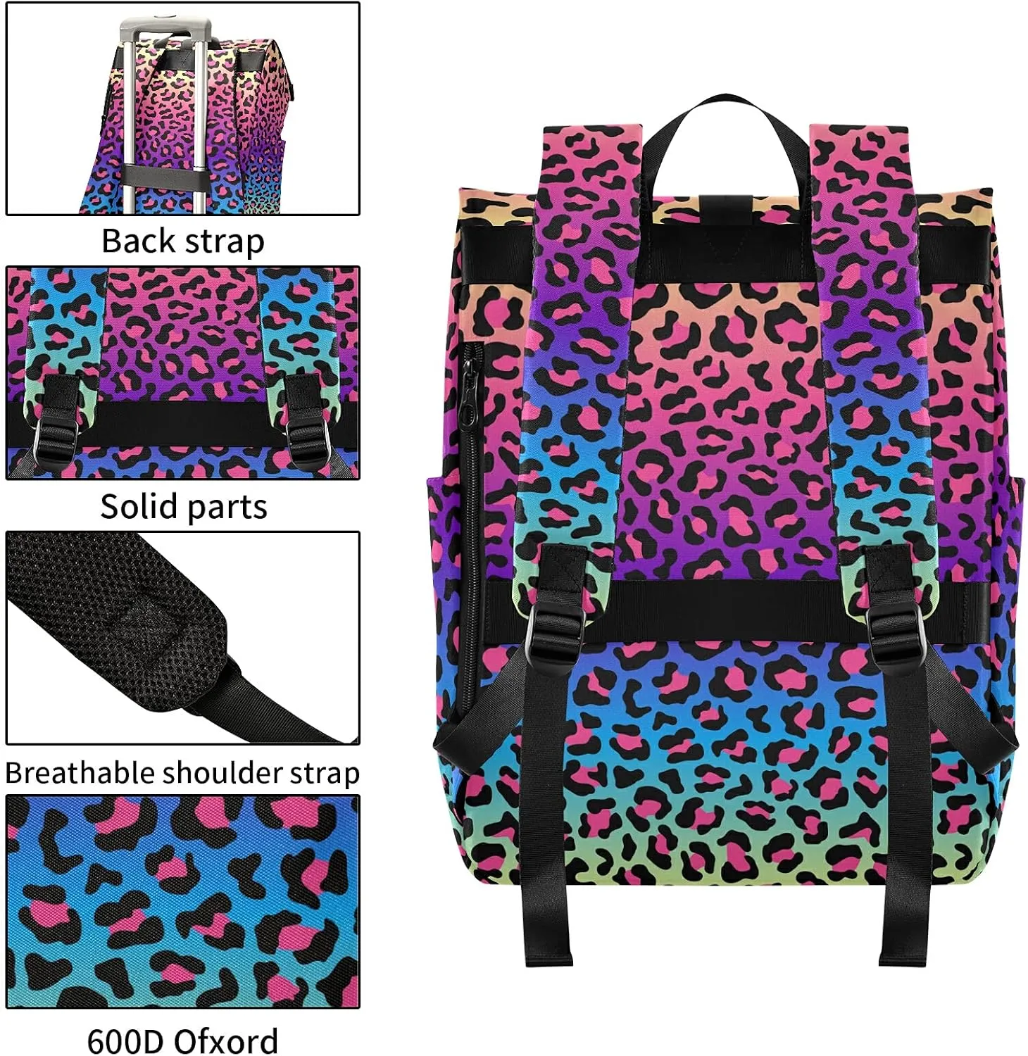 ALAZA Neon Rainbow Leopard Cheetah Large Laptop Backpack Purse for Women Men Waterproof Anti Theft Roll Top Backpack, 13-17.3 inch
