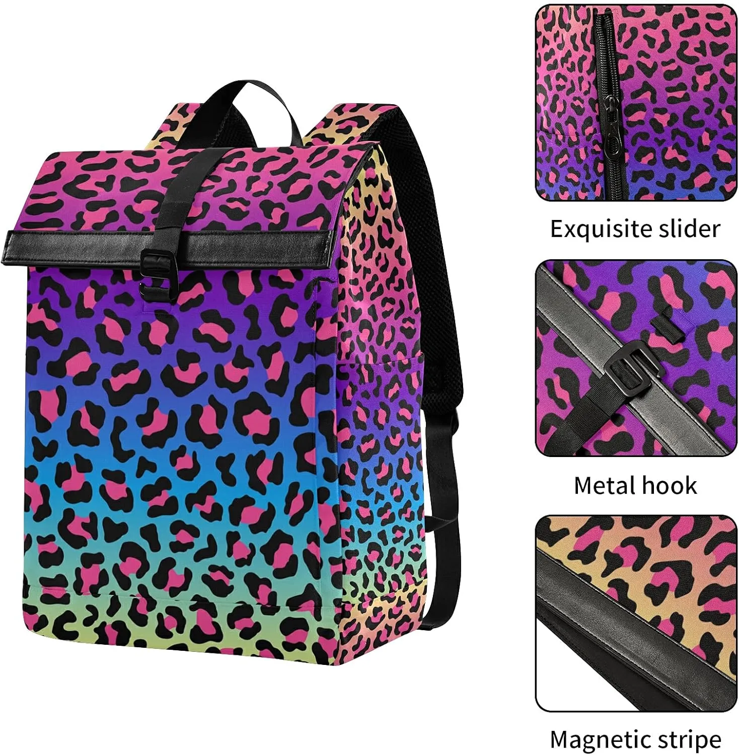 ALAZA Neon Rainbow Leopard Cheetah Large Laptop Backpack Purse for Women Men Waterproof Anti Theft Roll Top Backpack, 13-17.3 inch