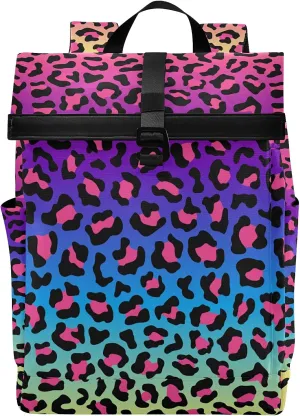 ALAZA Neon Rainbow Leopard Cheetah Large Laptop Backpack Purse for Women Men Waterproof Anti Theft Roll Top Backpack, 13-17.3 inch