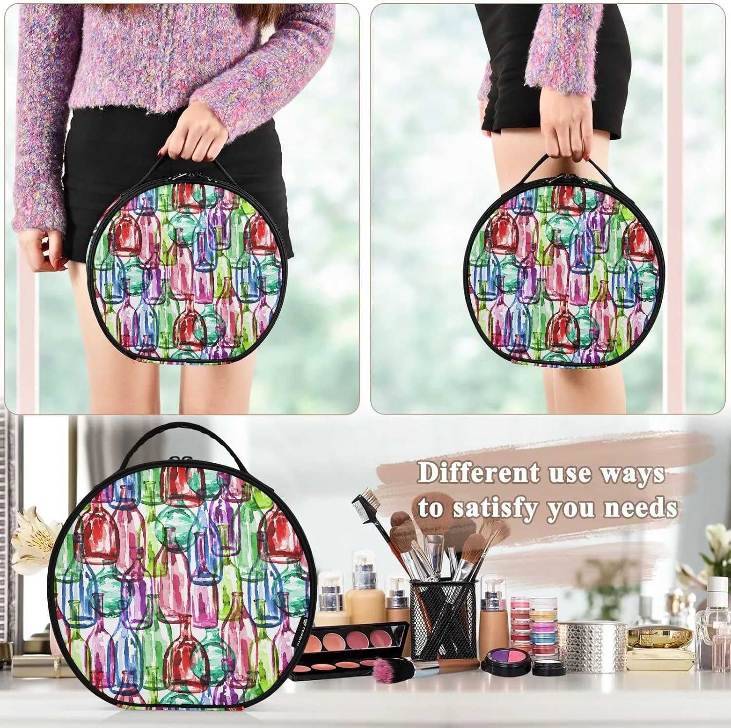 ALAZA Watercolor Silhouettes Wine Bottles Travel Cosmetic Organizer Make up Organizer Toiletry Bag