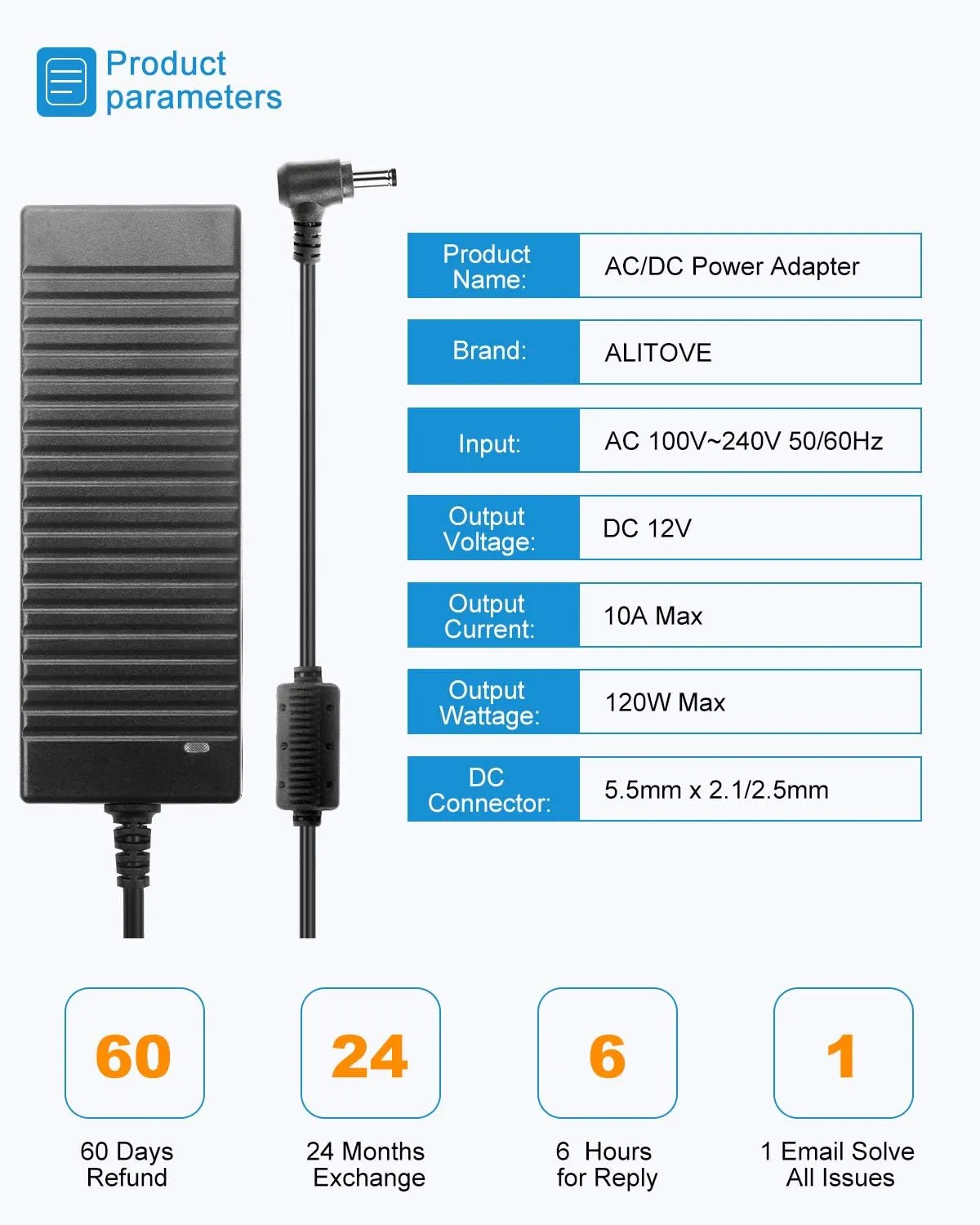 ALITOVE 12V 10A Power Supply Adapter 100-240V AC to DC 12 Volt 10amp 120W Converter 9.5A 9A 8.5A LED Driver Transformer 5.5x2.5mm Plug for LED Strip Light DC Pump LCD Monitor CCTV Camera, Pack of 5