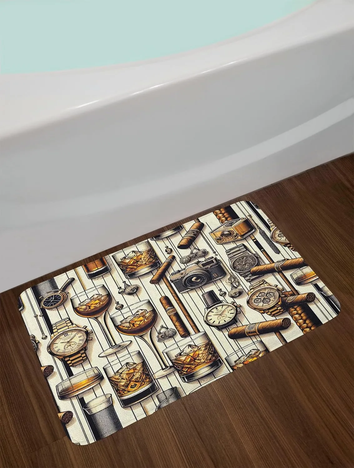 Ambesonne Man Cave Bath Mat, Masculine Design with Iced Whiskey Watches Cigar Retro Photo Camera, Plush Bathroom Decor Mat with Non Slip Backing, 30.2" x 20", Amber Brown and Taupe