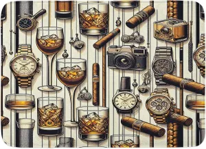 Ambesonne Man Cave Bath Mat, Masculine Design with Iced Whiskey Watches Cigar Retro Photo Camera, Plush Bathroom Decor Mat with Non Slip Backing, 30.2" x 20", Amber Brown and Taupe
