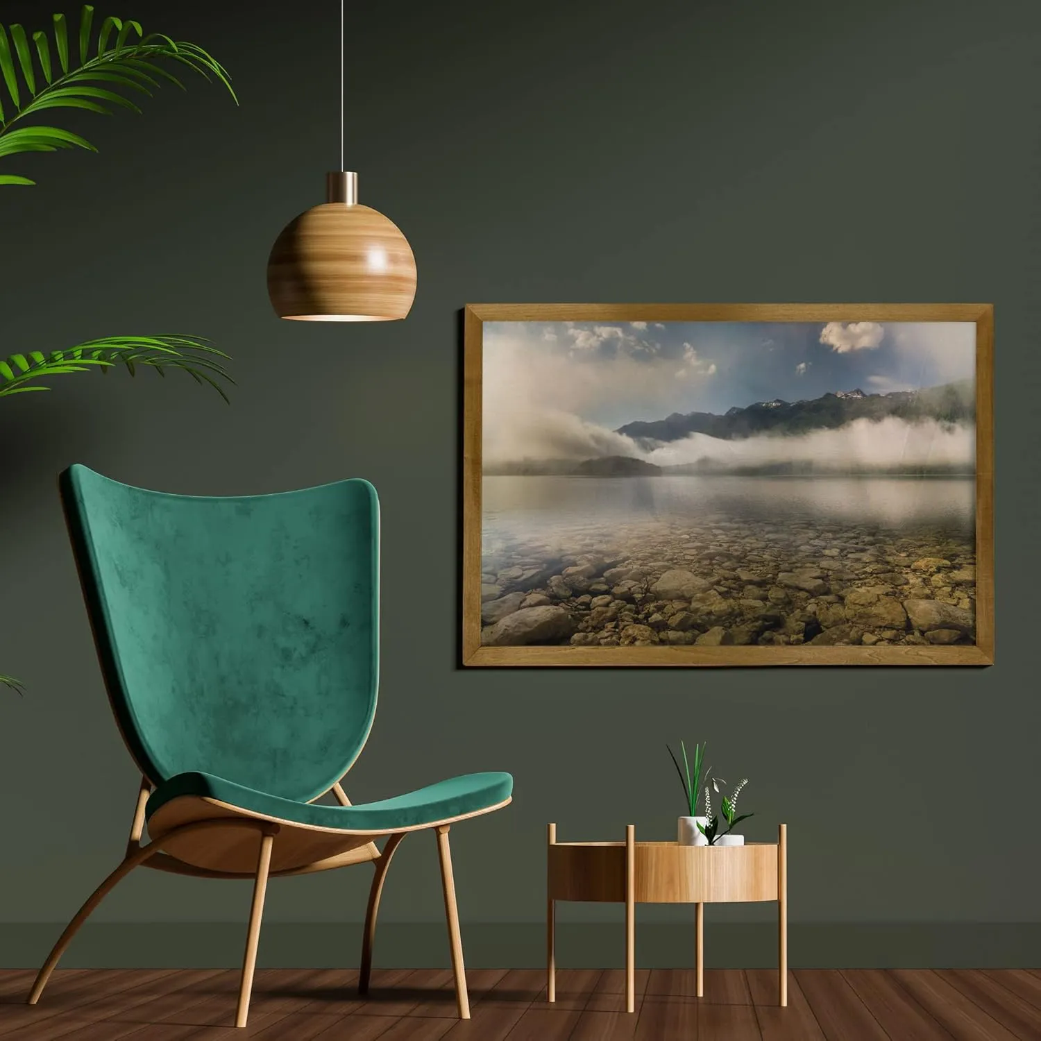 Ambesonne Nature Framed Wall Art, Alpine Lake with Stones Rocks in Crystal Water with Misty Fogy Clouds Image, Fabric Poster with Walnut Tone Wood Frame Home Dorm Decor, 35" x 23", Grey and White