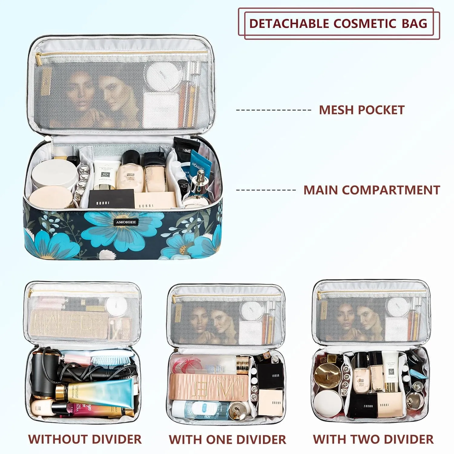 AMOIGEE Double Layer Makeup Train Case - Travel Bag Organizer for Makeup Brushes, Bottles, Palettes, Sponges and Cosmetics