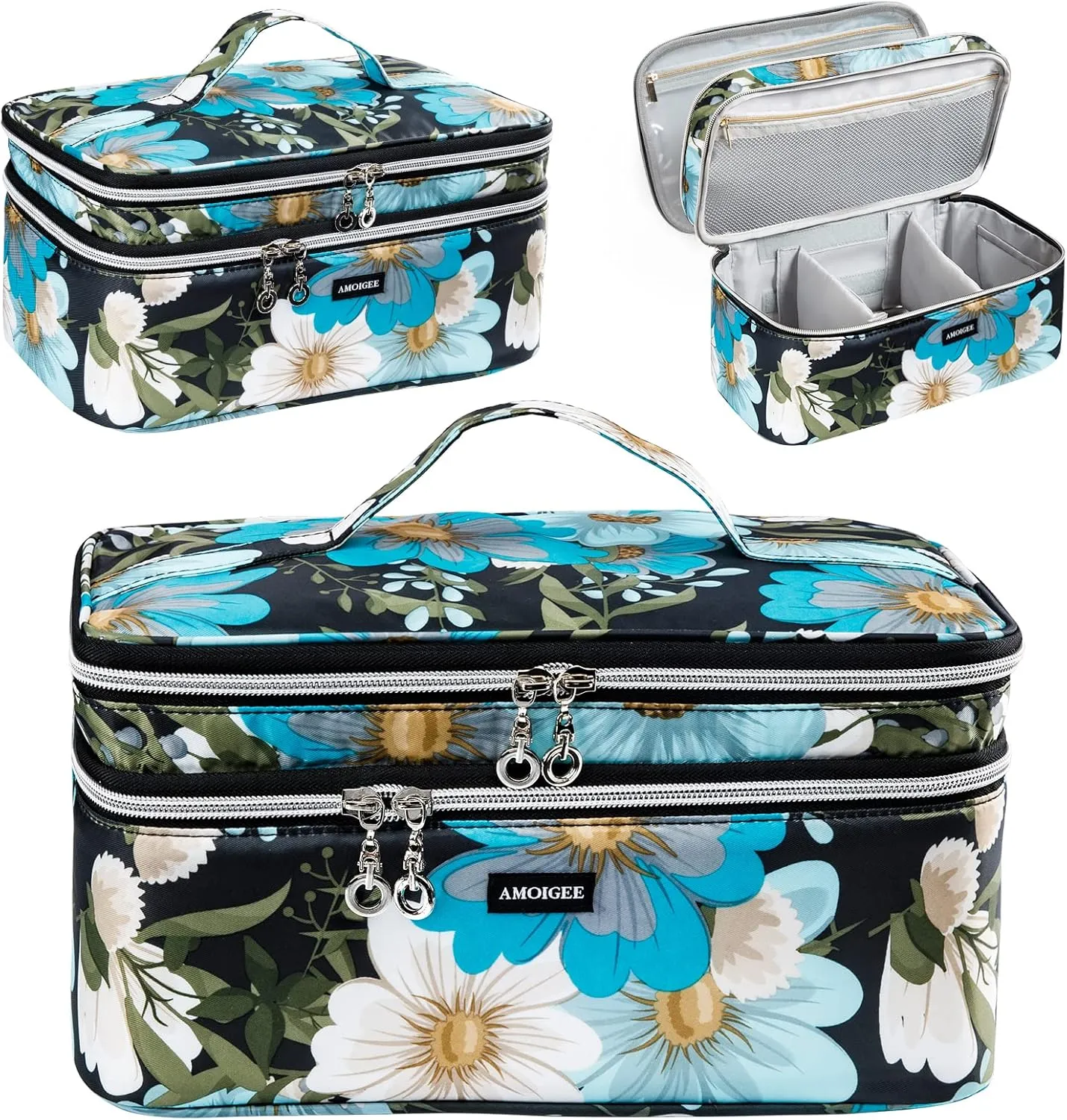 AMOIGEE Double Layer Makeup Train Case - Travel Bag Organizer for Makeup Brushes, Bottles, Palettes, Sponges and Cosmetics