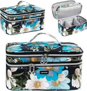 AMOIGEE Double Layer Makeup Train Case - Travel Bag Organizer for Makeup Brushes, Bottles, Palettes, Sponges and Cosmetics