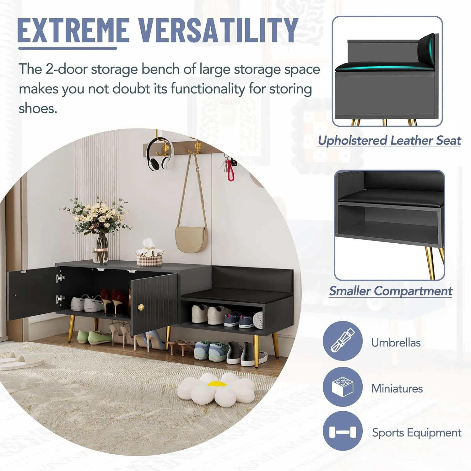 Amposei Modern Upholstered Shoe Storage Bench 54.3-Inch Entryway Bed End Bench with Storage Cabinet for Living Room Bedroom Entrance, Gray