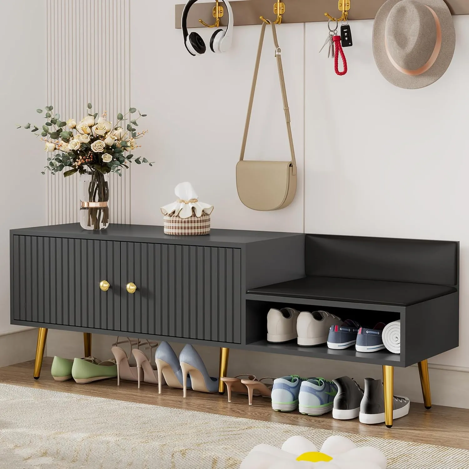 Amposei Modern Upholstered Shoe Storage Bench 54.3-Inch Entryway Bed End Bench with Storage Cabinet for Living Room Bedroom Entrance, Gray