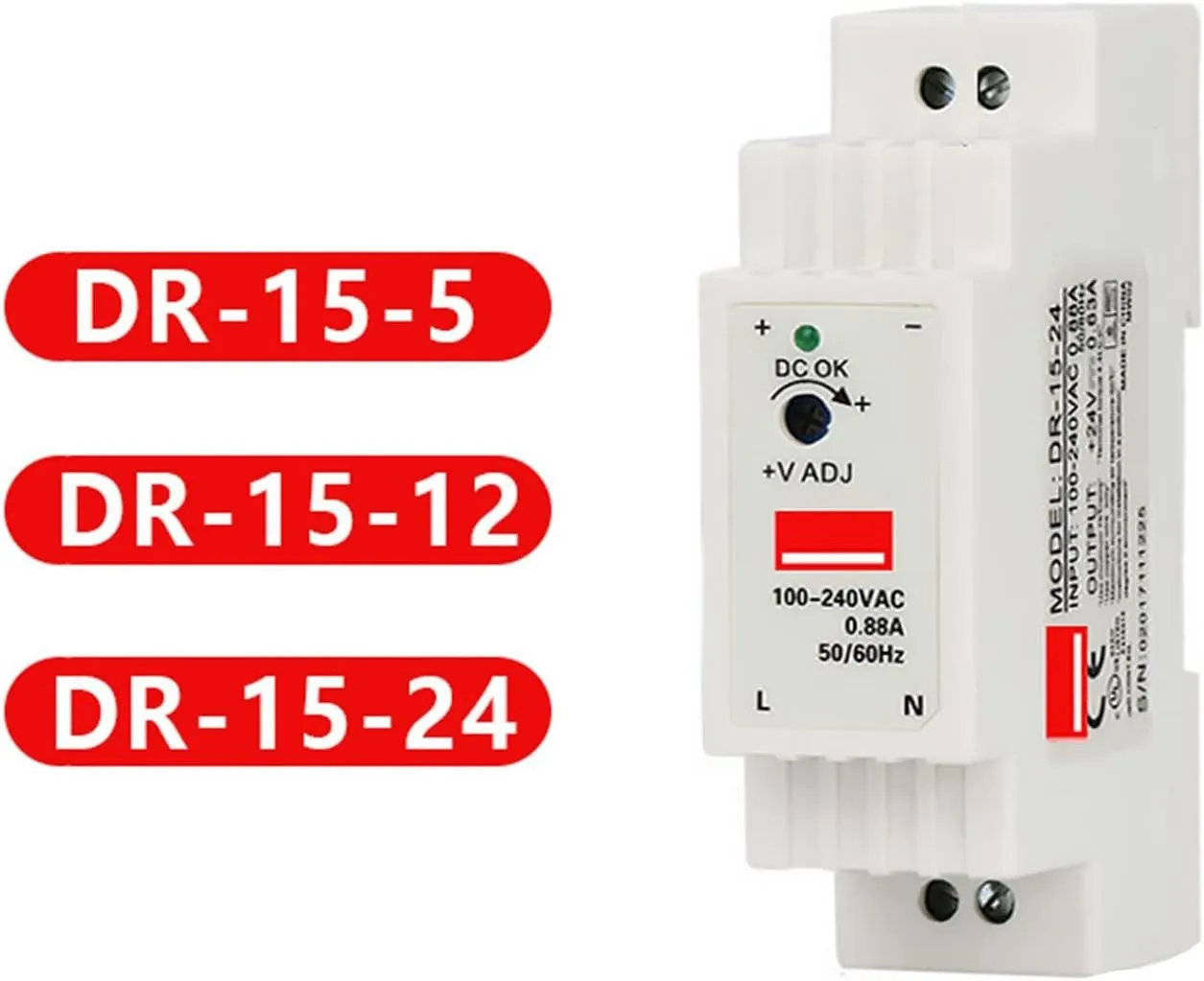 AMSH Industrial DIN Rail Switching Power Supply DR-15 15W Single Output 5V 12V 24V AC to DC Converter Power Switch Input 110/240VAC (Color : 15W 24V)