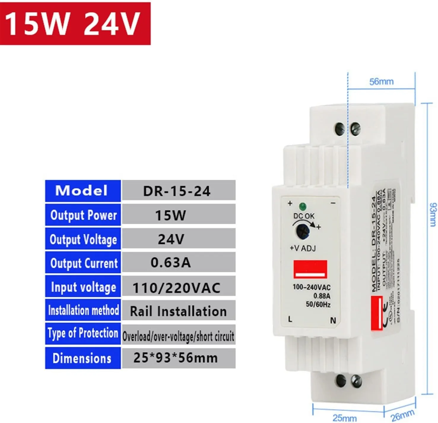 AMSH Industrial DIN Rail Switching Power Supply DR-15 15W Single Output 5V 12V 24V AC to DC Converter Power Switch Input 110/240VAC (Color : 15W 24V)