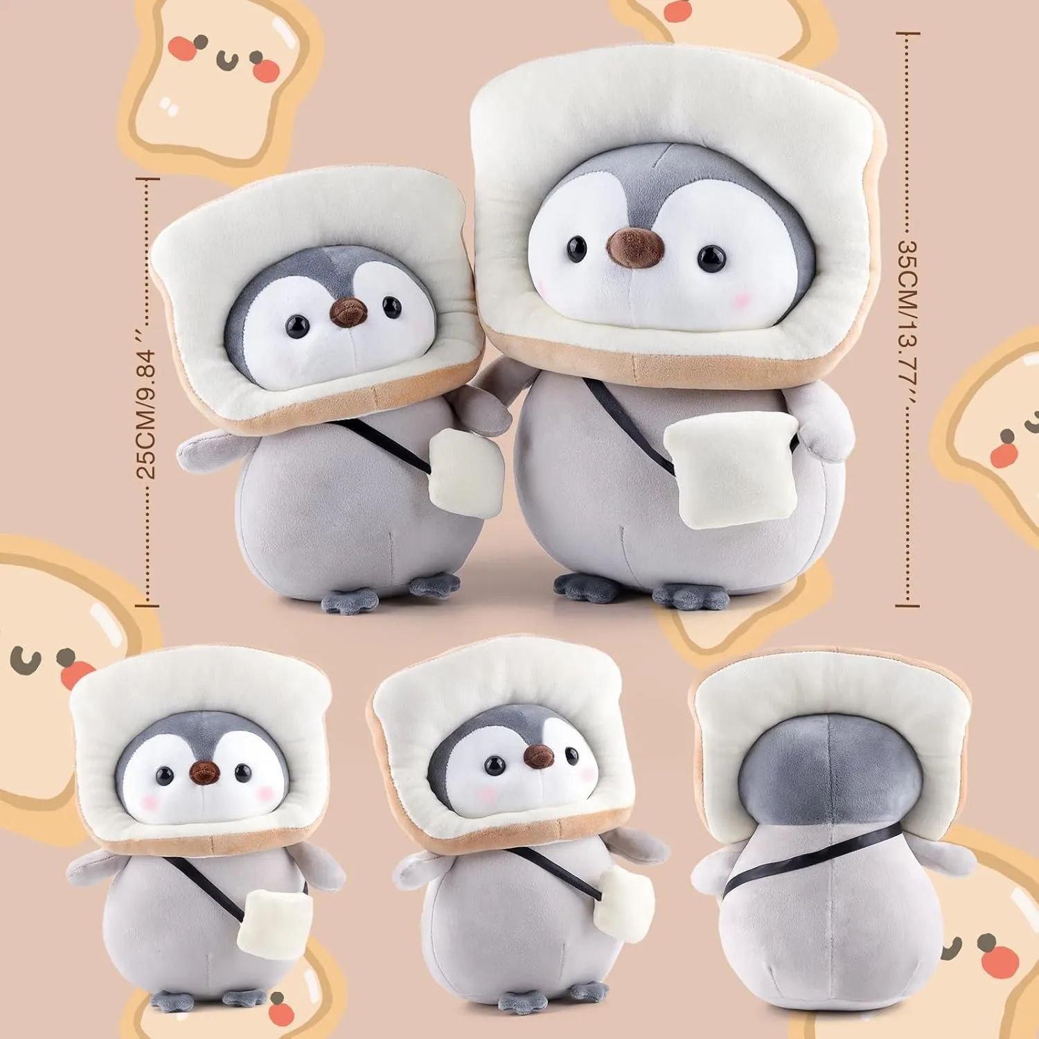 Anboor 9.8" Toast Penguin Stuffed Animal, Cute Penguin Soft Plush Toy with Bread Outfit, Stuffed Penguin Plushies Animals Toys for Boys Girls Birthday Party Favors