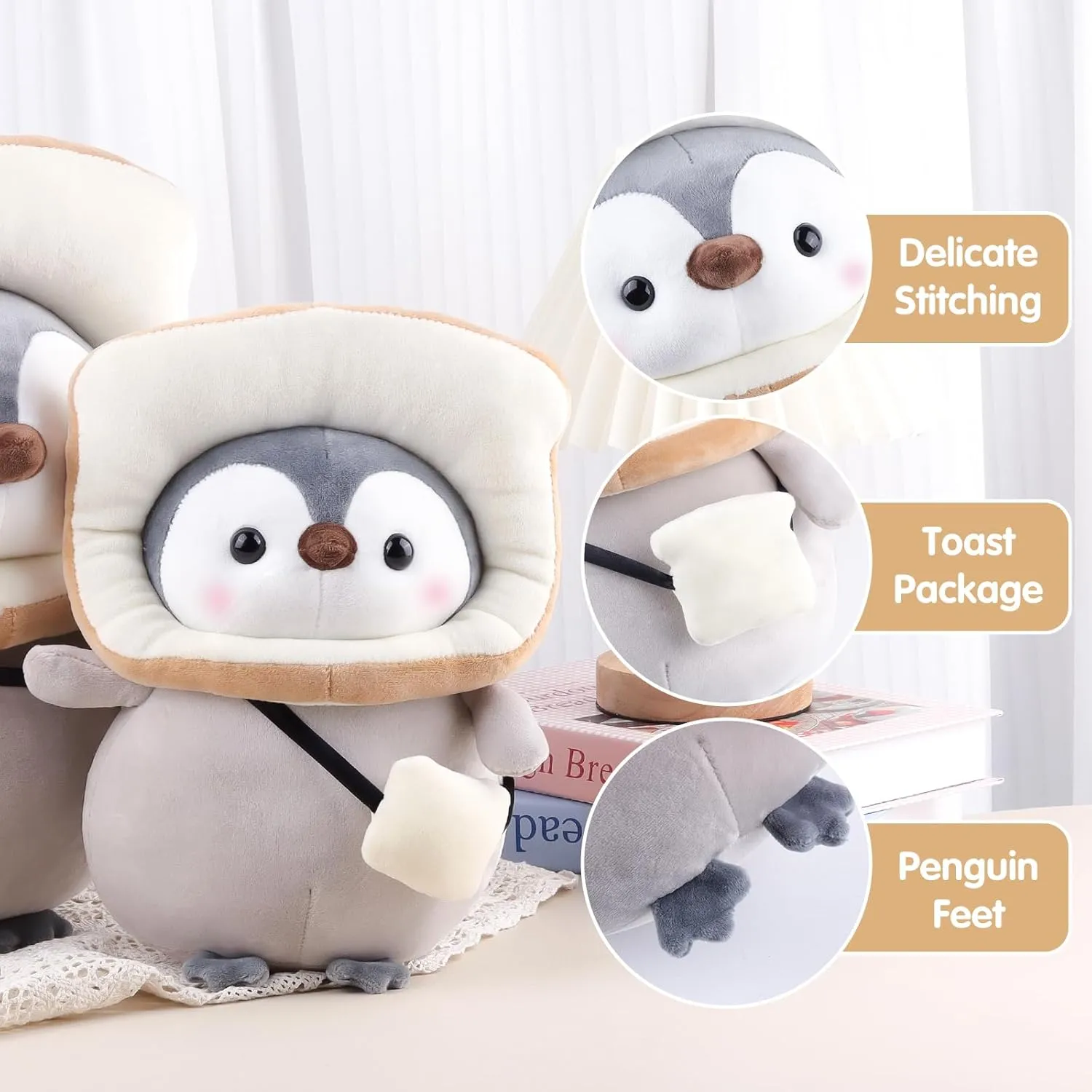 Anboor 9.8" Toast Penguin Stuffed Animal, Cute Penguin Soft Plush Toy with Bread Outfit, Stuffed Penguin Plushies Animals Toys for Boys Girls Birthday Party Favors