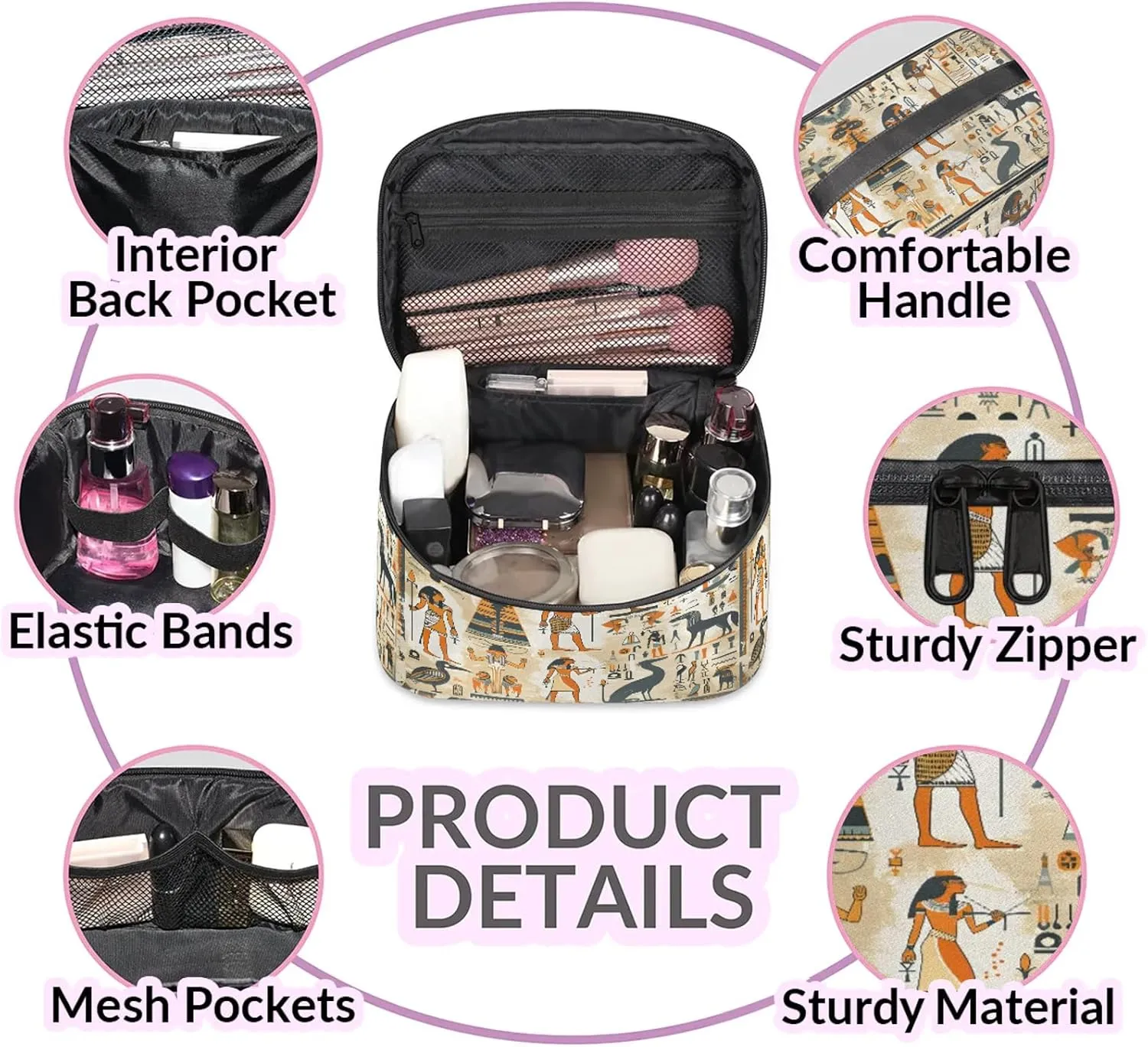 Ancient Egyptian Travel Toiletry Bag Large Capacity Makeup Case Organizer with Handle Cosmetic Case for Women Girls