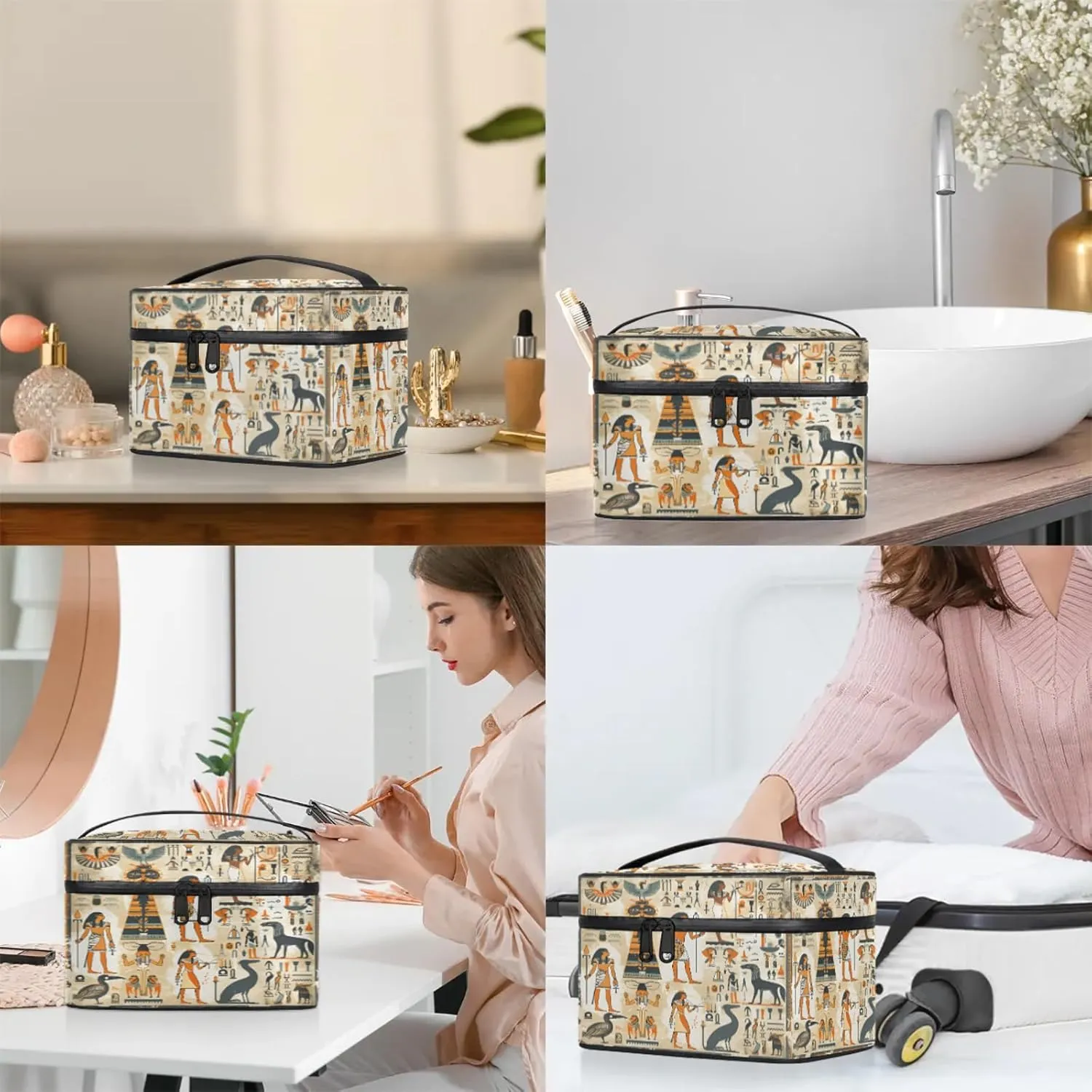 Ancient Egyptian Travel Toiletry Bag Large Capacity Makeup Case Organizer with Handle Cosmetic Case for Women Girls